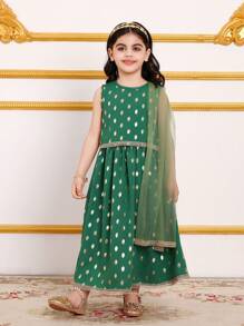 SHEIN 2 件套简约黑色斋月派对套装，适合年轻女士，带金箔印花 - 綠色 - 查看 3