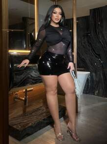 Flirla Sexy Sheer Splice Sequins Detail Plus Size Long Sleeve Bodysuit, For Party And Nightout - Black - View 3