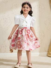 SHEIN Young Girl 2 Pieces Set: Jacquard Puffed Sleeve Top With Stand Collar And A-Line Skirt - Red - View 3