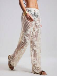 Swim Chiccia Atuendo de verano para mujeres, pantalones anchos y sueltos, tipo pareo para la playa, con diseño de malla calada y bordado floral - Albaricoque - Ver 4