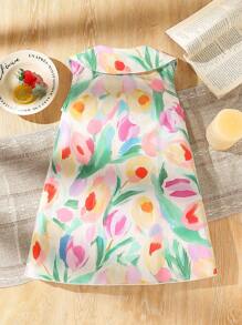 SHEIN Vintaside Kids 年轻女孩花卉印花荷叶边领无袖可爱连衣裙