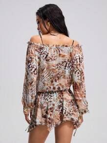 Swim EVENT Women's Fashion V-Neck Flare Sleeve Drawstring Waist Chiffon Cover Up, Suitable For Vacation In Summer - Multicolor - View 2