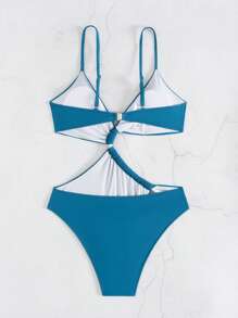 Swim SXY Women's Asymmetrical Hollow Out Drawstring Solid Color Beach Vacation Style One-Piece Swimsuit For Summer - Teal Blue - View 4