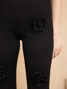 SHEIN 少女 3D 花朵装饰喇叭裤 - 黑色 - 查看 4