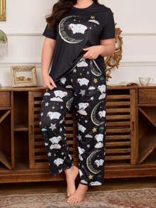 Conjunto de pijama de top de manga corta y pantalones con estampado de oveja de dibujos animados para mujer de talla grande, para todas las estaciones - Negro - Ver 6