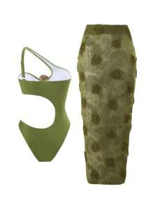 Swim Vcay Set de 2 piezas: Falda maxi de playa con abertura lateral, en color verde sólido y textura elegante asimétrica y hueca + Traje de baño entero, en estilo boho con detalles florales 3D para festivales