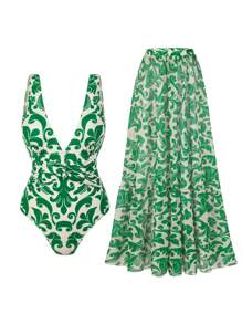 Swim Oasis 女士 V 领随机印花性感连体泳衣和复古沙滩裙花卉波西米亚风 - 綠色 - 查看 1