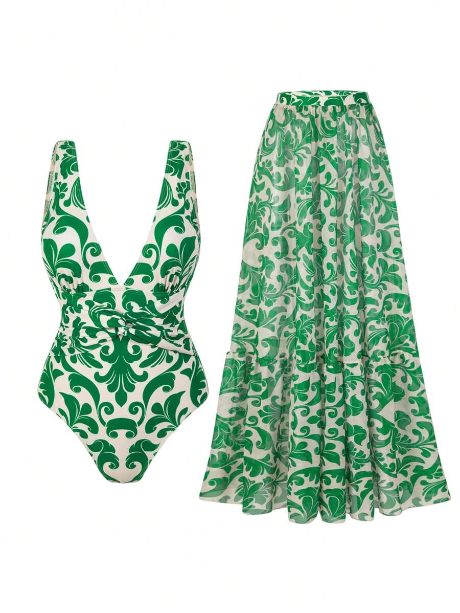 Swim Oasis 女士 V 领随机印花性感连体泳衣和复古沙滩裙花卉波西米亚风 - 綠色 - 查看 1