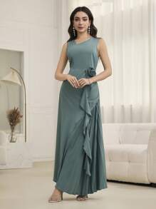 Modelyn 女式长款无袖褶皱花朵优雅连衣裙，春夏 - 薄荷綠 - 查看 1