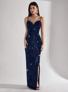 SHEIN Tall Women's Deep Split Thigh Sequin Tube Long Bodycon Dress - Blue - View 4