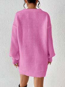 Chiquease 女士心形图案落肩长袖针织连衣裙，秋冬 - 玫紅色 - 查看 2