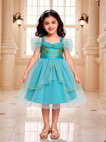 Solid Color Spaghetti Strap Mesh Princess Dress, Casual & Fashionable For Everyday Wear - Green - View 3