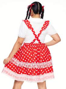 ROMWE Kawaii Sukienka typu babydoll w stylu wiejskim w dużych rozmiarach z nadrukiem w kropki i serca