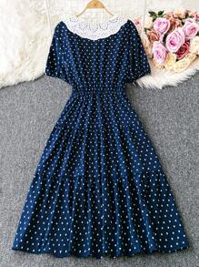 DreamSkyne Plus Size Women Summer Heart Print Turndown Collar Short Sleeve Casual Vintage Dress