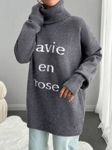 EURMUSE Women Casual Daily Letter Pattern Loose Drop Shoulder Turtle Neck Sweater, Autumn & Winter - Grey - View 4