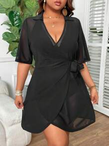 Swim Lushoire Plus Size Basic Casual Wrap Around Cover Up Dress, For Summer Beach Vacation - Black - View 3
