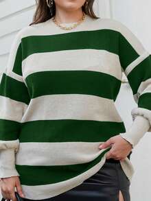 EURMUSE Plus Size Casual Colorblock Striped Drop Shoulder Sweater - Army Green - View 7