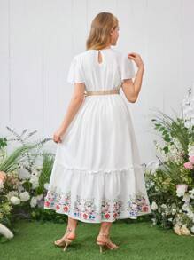 少女荷叶边短袖数码印花连衣裙，适合度假、夏季、旅行