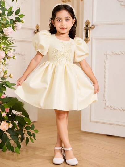 Glamorique Kids 女宝宝春夏金色花朵褶皱荷叶边袖优雅派对连衣裙