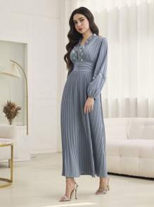 Modelyn Váy dài tay bồng xếp ly cổ chữ V thanh lịch cho nữ - Màu xanh bụi bặm - Xem 6