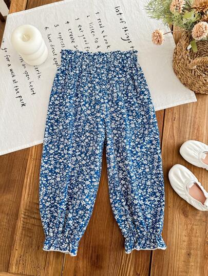 LMoss Kids LMoss Young Girl Ditsy Floral Drawstring Waist Elastic Ankle Pants, Casual ,Spring Young Girls Clothing Pants Girls Flower Pants Pants For Girls Kids Girls Spring Pants