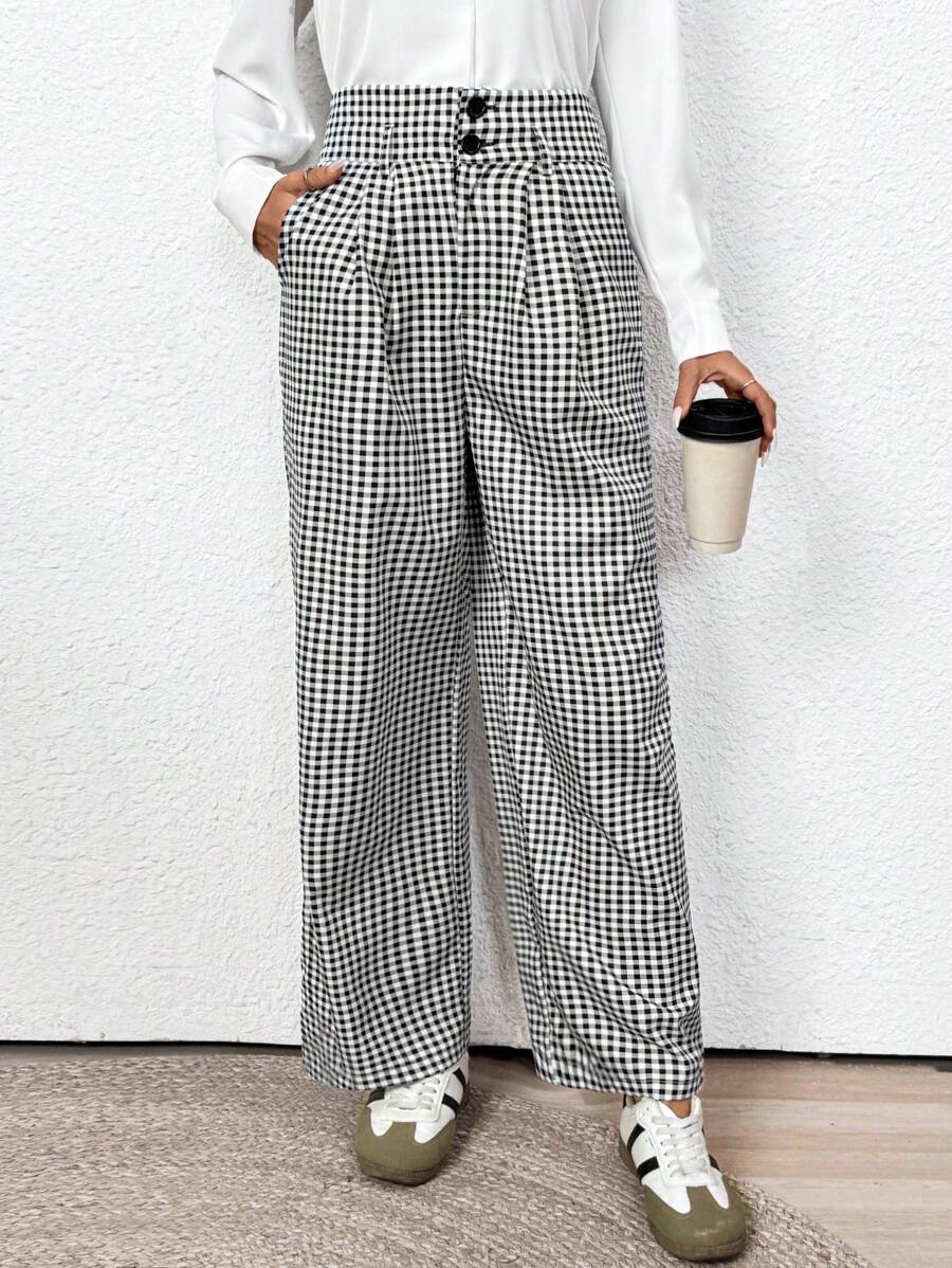 SHEIN Clasi Calça estilo Boho Xadrez Preto e Branco, Para Festival de Música e Country, Feminina - Preto - Visão 1