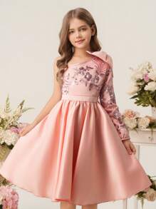 Flower Tween Girls Sequin Patchwork Satin One Shoulder Bowknot A-Line Short Dress, Wedding Bridesmaid Pageant Birthday Party - Pink - View 5