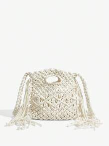 SHEIN SXY 女士，女式手提包，草编包，斜挎包，钩针包，镂空，流苏，时尚，优雅，简约，个性化，多功能，适合海滩，度假，假日，夏季，海边 - 米色 - 查看 4