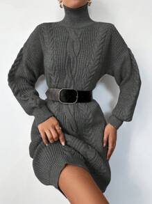 EURMUSE 女士纯色高领长袖简约短款休闲毛衣连衣裙 - 深灰色 - 查看 1