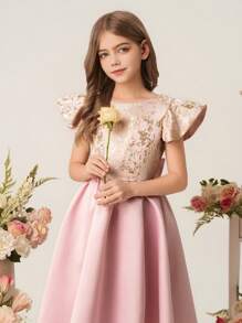 Tween Girl Textured Fabric Ruffle Asymmetric Hem A-Line Dress, Flower Girl Wedding Bridesmaid Birthday Party Prom - Pink - View 7