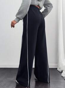 SHEIN Women Stripe Piping Detailed Wide Leg Sweat Pant - Blue - View 2