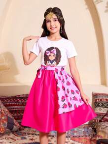 两件套少女休闲套装，玫瑰卡通甜美图案T恤+裹身裙 - 玫紅色 - 查看 1