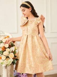 SHEIN Glamorique Kids Tween Girls' Elegant Gold Jacquard Cap Sleeve Summer Party Wedding Guest Dress,Luxurious Noble Graceful Gatherings Daily Occasions Summer Party Dress - Pink - View 3