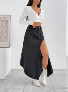 EURMUSE WOMEN Y2K DENIM SKIRT ASYMMETRICAL SLASH DETAIL - Grey - View 6