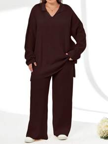 RueChic 2pcs/Set Solid Color Turn-Down Collar Sweater And Long Pants Outfit - Brown - View 6