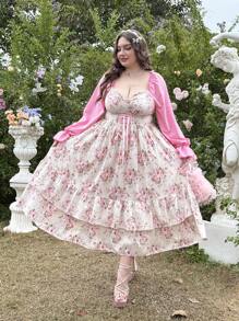 Flirla Vestido de gasa con estampado floral romántico y elegante, cuello en V, cintura tableada y volante, estilo gracioso para vacaciones - Multicolor - Ver 8