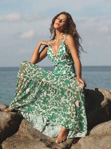 Swim Oasis 女士 V 领随机印花性感连体泳衣和复古沙滩裙花卉波西米亚风 - 綠色 - 查看 2