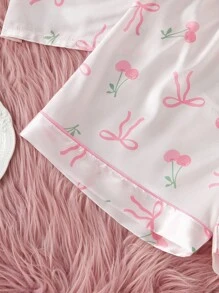 2pcs/Set Tween Girls Cherry & Bow Print Lapel Collar Top With Shorts, Leisure Comfortable Pajamas,Summer,Travel