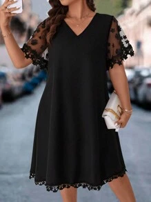 EMERY ROSE Women Plus Size Summer Casual Contrast Mesh Dress - Black - View 4