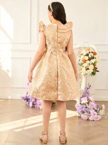 SHEIN Glamorique Kids Tween Girls' Elegant Gold Jacquard Cap Sleeve Summer Party Wedding Guest Dress,Luxurious Noble Graceful Gatherings Daily Occasions Summer Party Dress - Pink - View 2