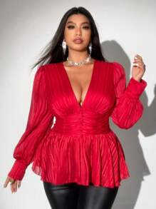 Viva Relle 大码纯色 V 领长袖休闲衬衫，适合日常穿着 - 紅色 - 查看 4