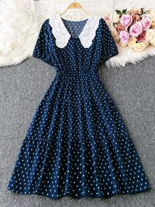 DreamSkyne Plus Size Women Summer Heart Print Turndown Collar Short Sleeve Casual Vintage Dress