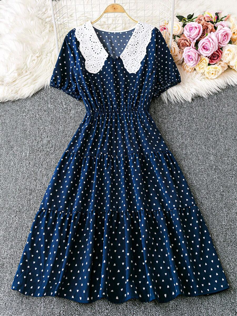 DreamSkyne Plus Size Women Summer Heart Print Turndown Collar Short Sleeve Casual Vintage Dress