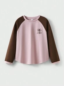 JNSQ Back To School Clothes, Tween Girl Clothes, Casual Sports Long Sleeve T-Shirt For Girls In Autumn, Children Round Neck Casual Fun Letter Combination Print Patchwork Contrast Color Long Sleeve T-Shirt, Suitable For Autumn, Winter Daily Wear, Outdoor Activities, Vacation, Street Style, Party And Leisure - Multicolor - View 2