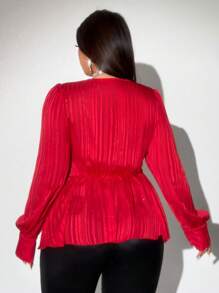 Viva Relle 大码纯色 V 领长袖休闲衬衫，适合日常穿着 - 紅色 - 查看 6