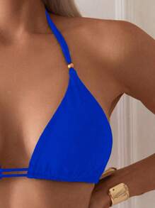 SHEIN Swim 女士夏季海滩纯色露背性感比基尼两件套泳衣套装 - 藍色 - 查看 5