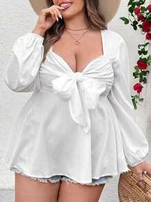 Sunnyshic Plus Size Sweet Bowknot Waist Shirt, Casual Simple Fashionable Daily Wear