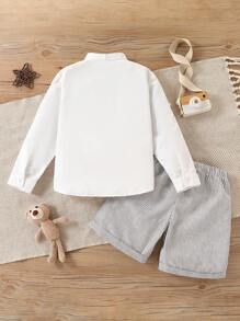 SHEIN Young Boy Geometric Print Long Sleeve Shirt And Striped Shorts Set - White - View 2