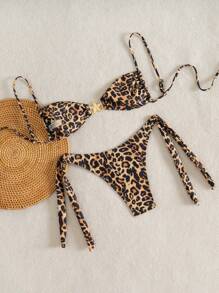 SHEIN Swim Women's Standard Size Leopard Print Golden Decorated Beach Holiday 2Pcs Bikini Set, For Summer Vacation - Multicolor - View 2