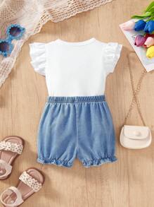 SHEIN Babygirl Summer Cute White Heart Flower Print T-Shirt & Denim Shorts Set,Fashionable Cap Sleeve Top,Family Matching Casual Little Princess Outfit - White - View 2